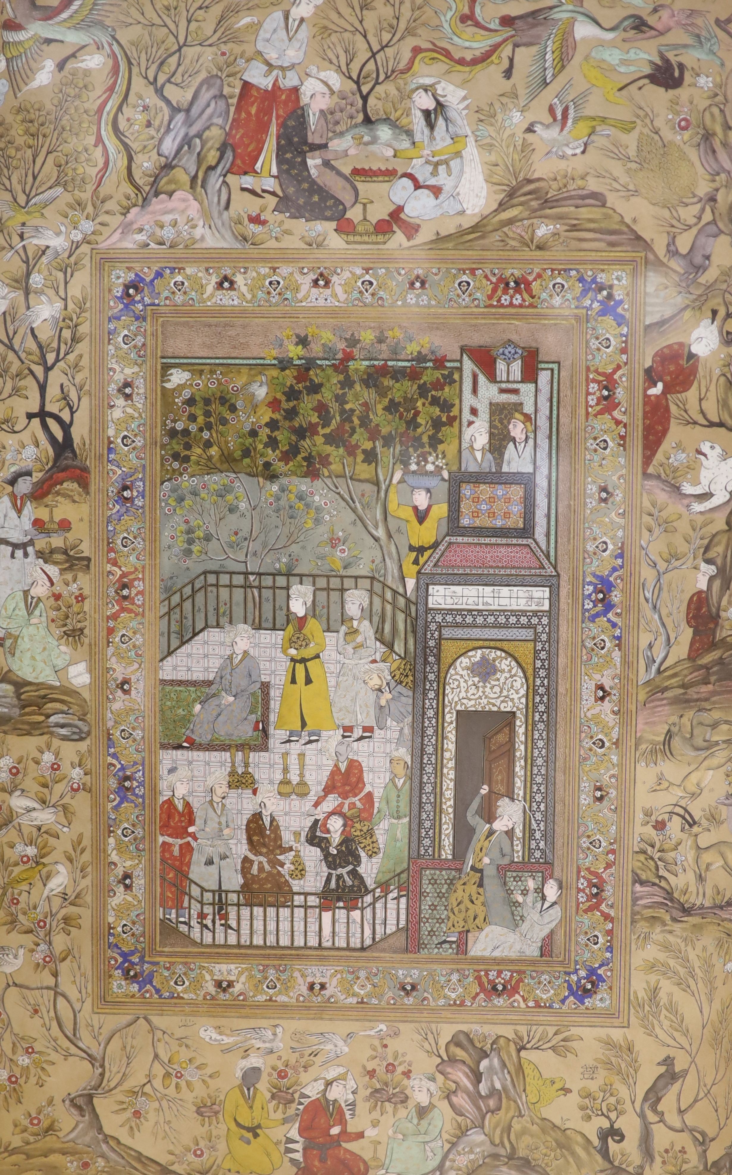Persian school, gouache and ink on paper highlighted with gold, figures in a courtyard, figures in landscapes to the margin, 41 x 26 cm.